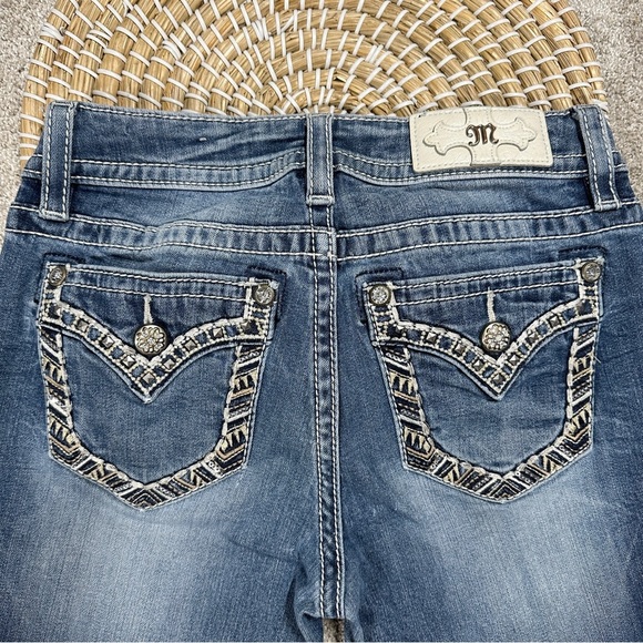 Miss Me Chloe Slim Boot Cut Jeans Mid Rise Border Stitch Flap Pockets Blue 27 - Picture 1 of 16